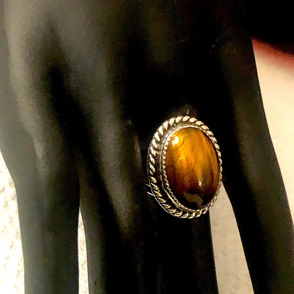 Native American Sterling Silver Ring w Tigers Eye and Woven Detail Sz 10-1/2 - Picture 9 of 17